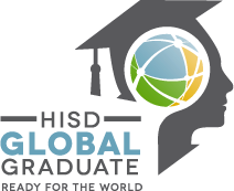 Houston ISD Global Graduate logo showing a student’s head in profile with a globe inside and the words: Ready for the world.